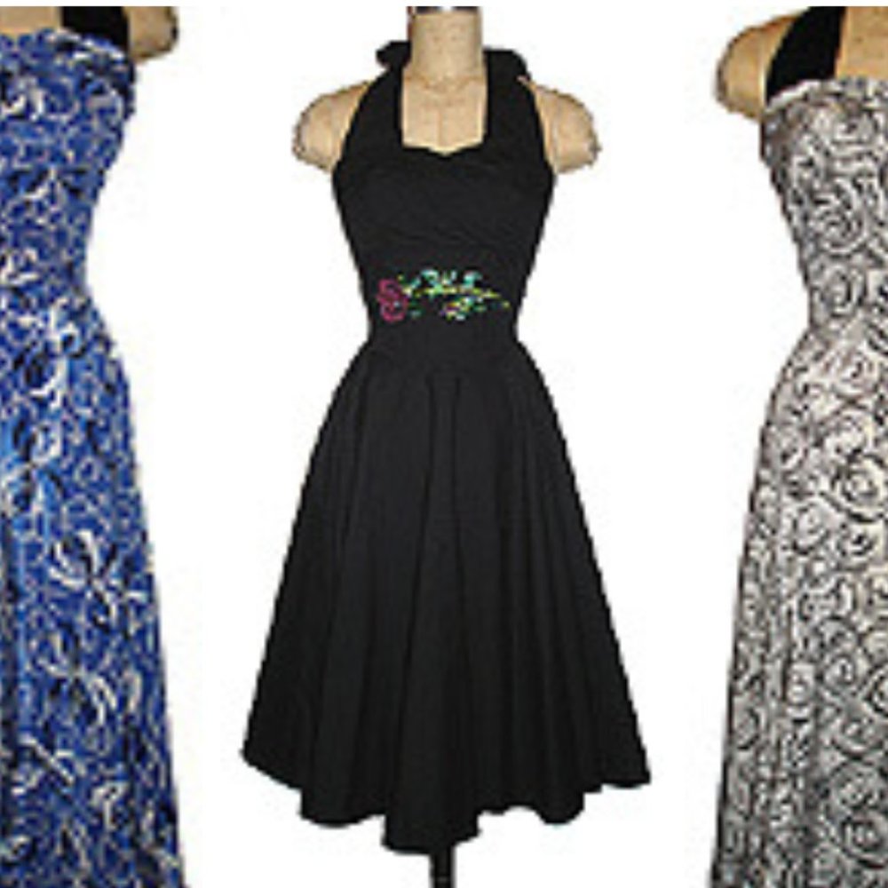 RARE TRASHY DIVA TRIXIE DRESS BLACK SEQUIN ROSE GUC DESIGNER VINTAGE 1950S L